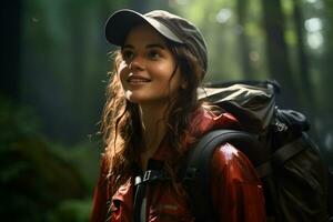portrait of hiker woman on the nature background photo
