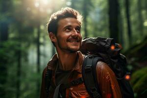 portrait of hiker man on the nature background photo