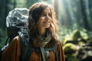 retrato de caminante mujer en el naturaleza antecedentes foto