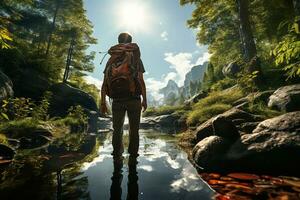 a back of man hiking on the nature background photo