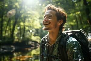 portrait of hiker man on the nature background photo