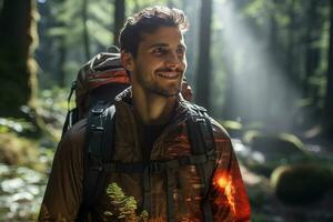 portrait of hiker man on the nature background photo