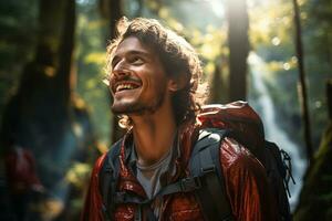 portrait of hiker man on the nature background photo