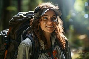 portrait of hiker woman on the nature background photo