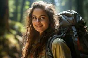 retrato de caminante mujer en el naturaleza antecedentes foto