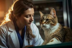 A veterinarian doctor examines the cats ear carefully photo