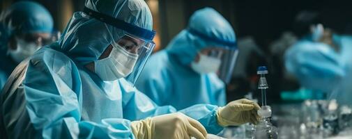 A surgeon accompanied by a nurse team in blue uniforms performed an emergency surgery inside a hospital operating room while holding surgical clamps and medical equipment with a light photo