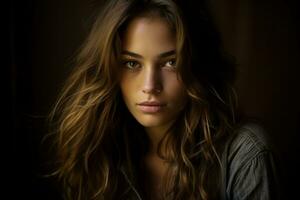 Young woman posing gazes at camera in captivating portrait photo