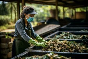 Asian young housekeeper woman composting leftover food waste responsibly photo