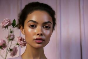 Model showcasing flawless skin against dreamy pastel background photo