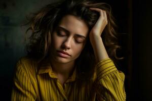 agotado estresado mujer cierra ojos perdura intenso dolor de cabeza foto