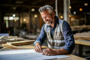 Male construction engineer architect with blueprints at building site looking at camera photo