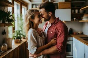 joven Pareja abraza apasionadamente en cocina después Moviente dentro nuevo plano foto