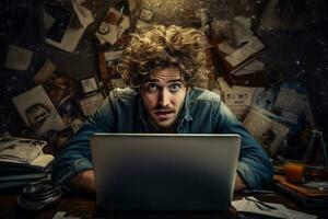 Stressed man madly working on laptop disheveled hair in chaos photo