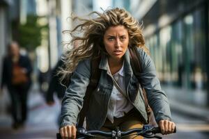 Exhausted a female city commuter pedals home from work on her bike photo