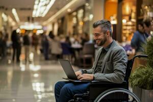 A man in a wheelchair using a laptop at a mall photo