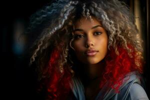 Biracial woman with chin touching curly blue and red lit hair photo