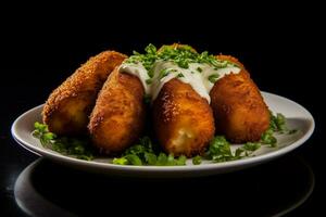 gastrónomo jamón croquetas servido con negro antecedentes lleno de sabor foto