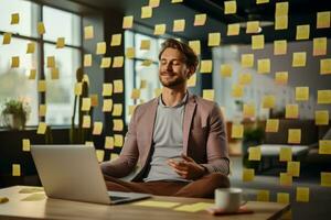Funny Busy Man with Sticky Reminder Notes on Face Finds Relaxation While Meditating on Yoga Mat in Office photo