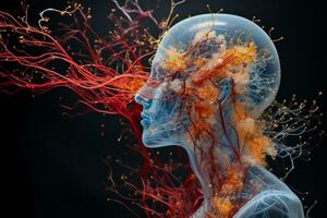 exploración de el humano cabeza cerebro y neuronas se despliega foto
