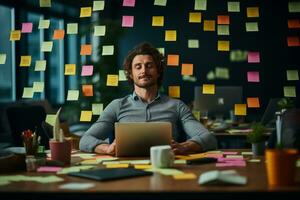 Funny Busy Man with Sticky Reminder Notes on Face Finds Relaxation While Meditating on Yoga Mat in Office photo