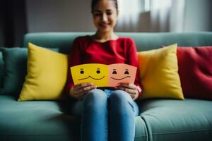 Female hands selectively focus on happy and angry face paper on sofa symbolizing mental health assessment emotional intelligence photo