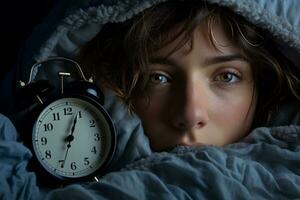 Covered face insomnia theme focused on alarm clock and person photo