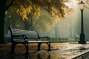 Empty misty autumn city park with high angle green benches photo