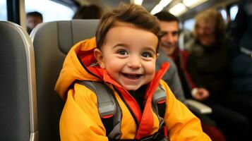 Delighted toddler echants first train ride with adoring parents photo