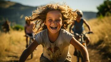 alegre niños enérgicamente embarcar en un aventurero cruzar país bicicleta excursión foto