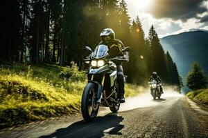 Motorcyclist touring on picturesque mountain roads background with empty space for text photo