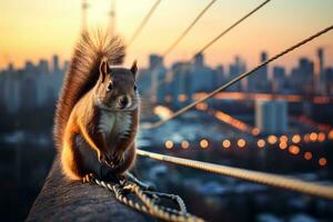 Urban squirrel traverses city skyline via power line highways photo