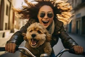 Cheerful lady and her furry friend start a thrilling road journey photo