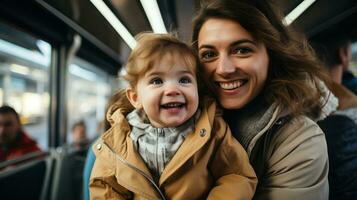 Joyful toddlers first train journey with parents background with empty space for text photo