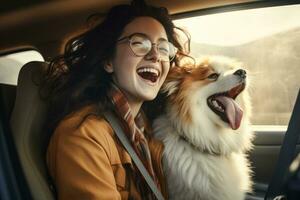 Cheerful lady and her furry friend start a thrilling road journey photo