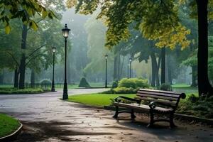 Empty misty autumn city park with high angle green benches photo