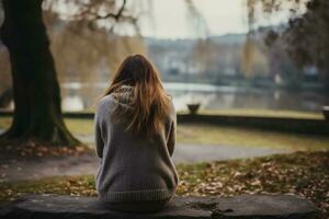 Lonely depressed girl seeks psychological help after breakup or divorce photo