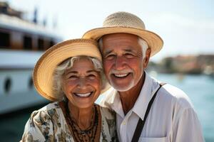 Elderly couple delighting in river cruise background with empty space for text photo