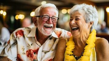 Elderly tourists sharing laugher during a global cruise dinner gathering photo
