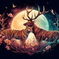 Enchanted Encounter, A Whimsical Tale of Deer and Tiger Love in Fantasy Splendor. AI Generated photo