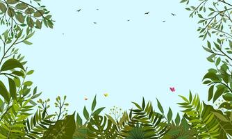 Tropical green foliage background. Forest scene frame vector