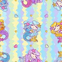 Seamless pattern of cute little mermaids with hearts for design on a reinbow background. vector