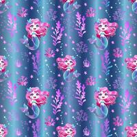 Seamless pattern with cute mermaid with pink hair and seaweed. vector