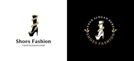 Fashion woman shoes logo design, high heel sandal vector with sexy woman legs silhouette