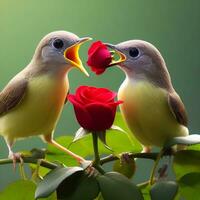 A bird is proposing to another bird by biting a rose flower. AI Generated photo