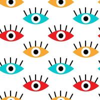 Seamless pattern with eyes with eyelashes. Abstract multicolored vector illustration. Background with eyes in trendy and bright colors. Modern creative print.