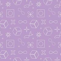 Retro futuristic seamless pattern with geometric shapes. Vector illustration of cube, infinity symbol, stars. Background with different symbols, signs and futuristic objects.