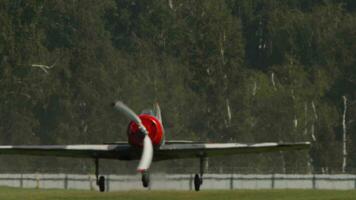 Twoseat sports trainer aircraft, designed for initial training and training of pilots. Retro plane at an airshow. Soviet plane Yakovlev video