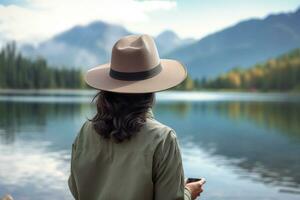 Female tourist looking at map on smartphone at lakeside photo