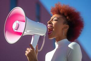 Happy woman holding megaphone on bright color background in fashion style photo